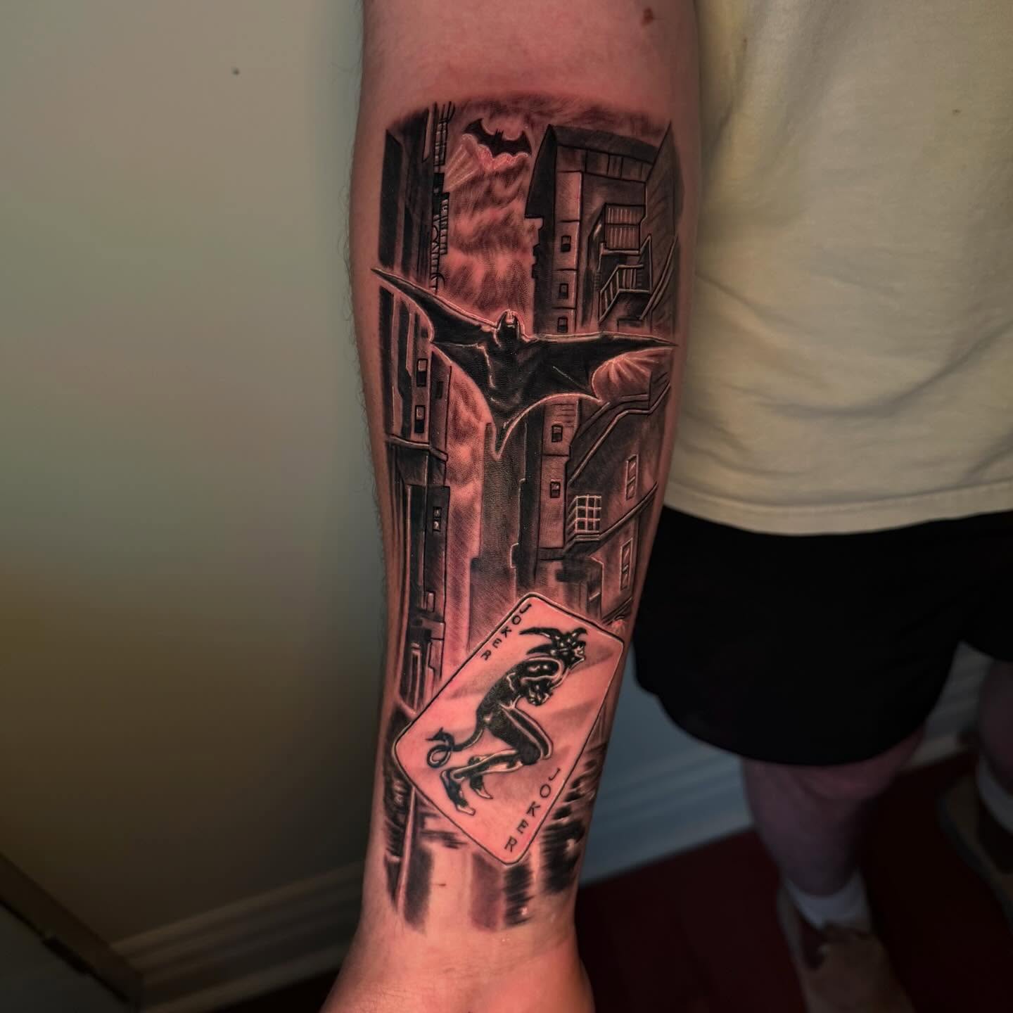 Custom Batman Gotham city forearm sleeve with Joker card detail