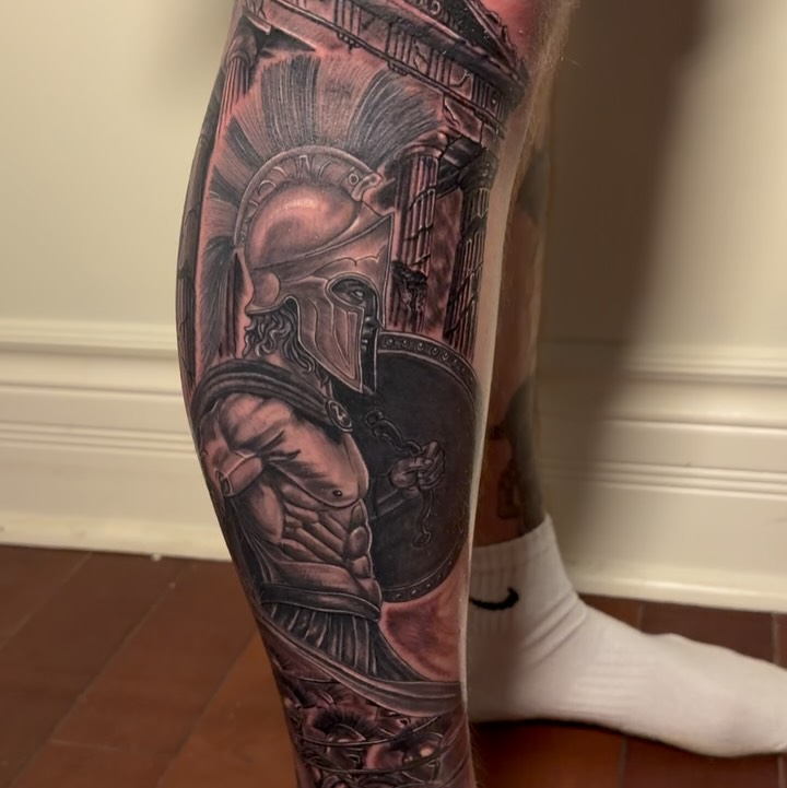 Epic Spartan warrior leg sleeve tattoo with pillars and chains